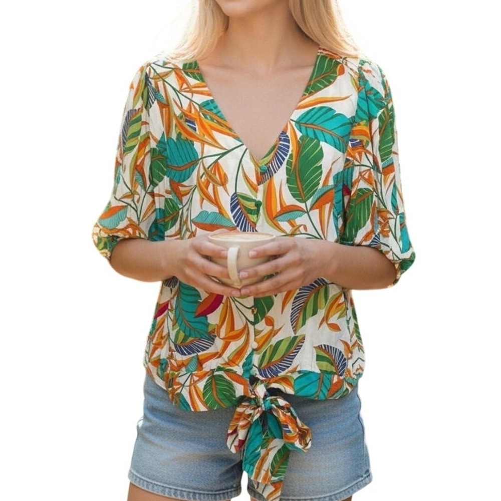 Rose & Olive Tropical Tie Hem Top Womens Sz XL V-Neck Aloha Hawaiian Blouse